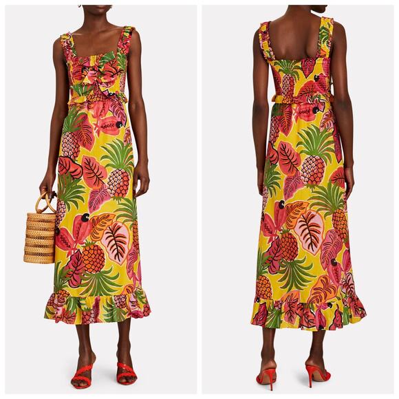 NEW Farm Rio Fruit Dream Maxi Dress Tropical Resort Yellow Pink Green Small - Picture 1 of 13